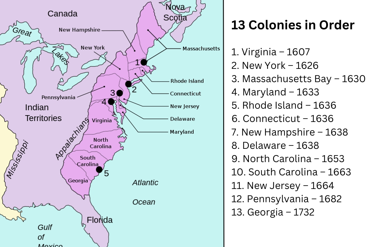 13 colonies map labeled