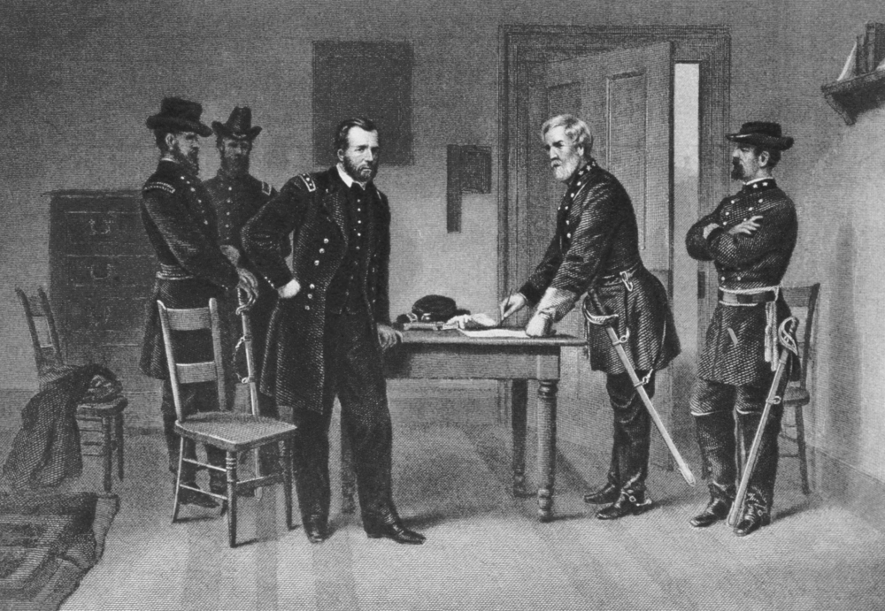 Confederate General Robert E Lee surrenders to Union General Ulysses S Grant at Appomattox Court House