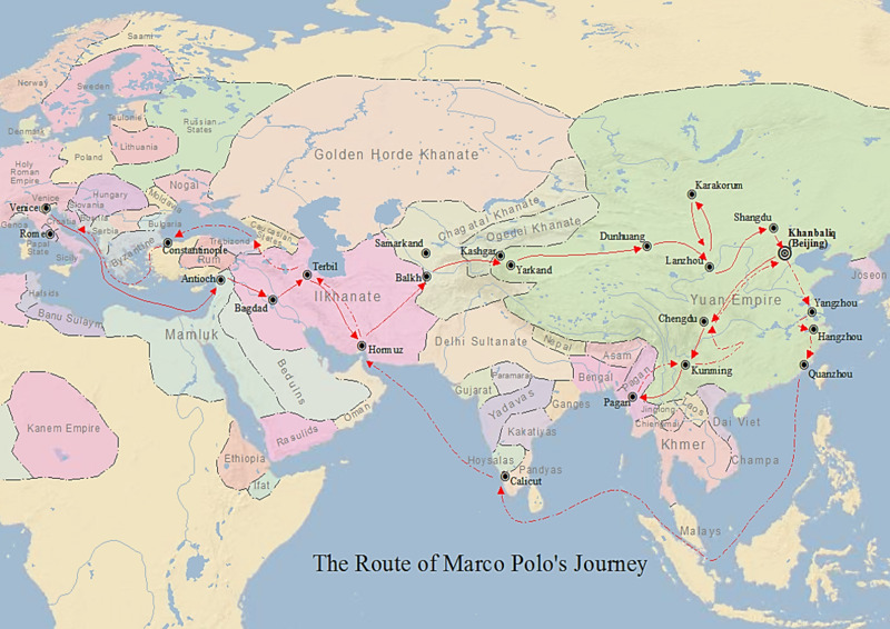 The route of Marco Polo's journey to the east
