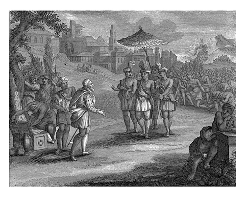 Cortes greets Montezuma outside the town of Tenochtitlan