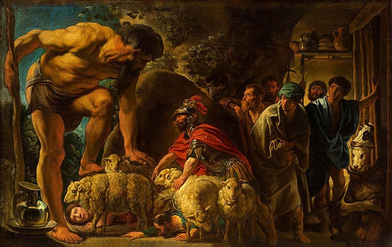 Ulysses and his men slip away concealed under rams