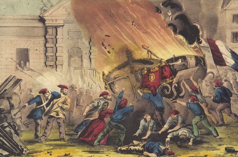 The burning of the royal carriage during the French revolution of 1848