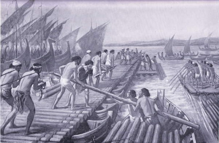 Construction of Xerxes Bridge of boats by Phoenician sailors