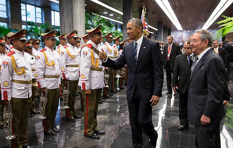 Barack Obama and Raúl Castro at the Palace of the Revolution in Havana, Cuba