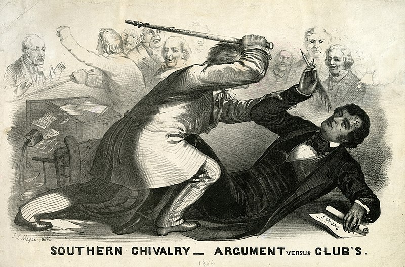 Congressman Preston Brooks of South Carolina beats Senator Charles Sumner with a cane in the hall of the U.S. Senate